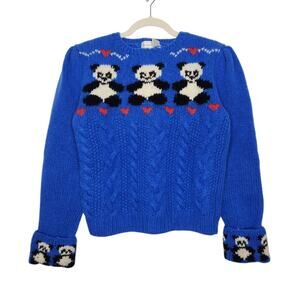 Vintage Wool 80s Panda Cable Knit Art Nature Blue Sweater Eagles Eye Angora